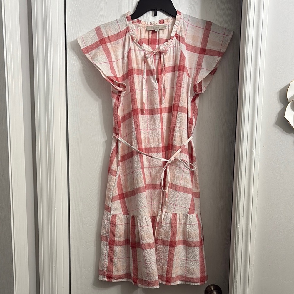 LOFT Pink and White Plaid Midi Dress